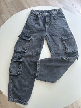 Zara Black Washed Cargo Pants with Multiple Pockets